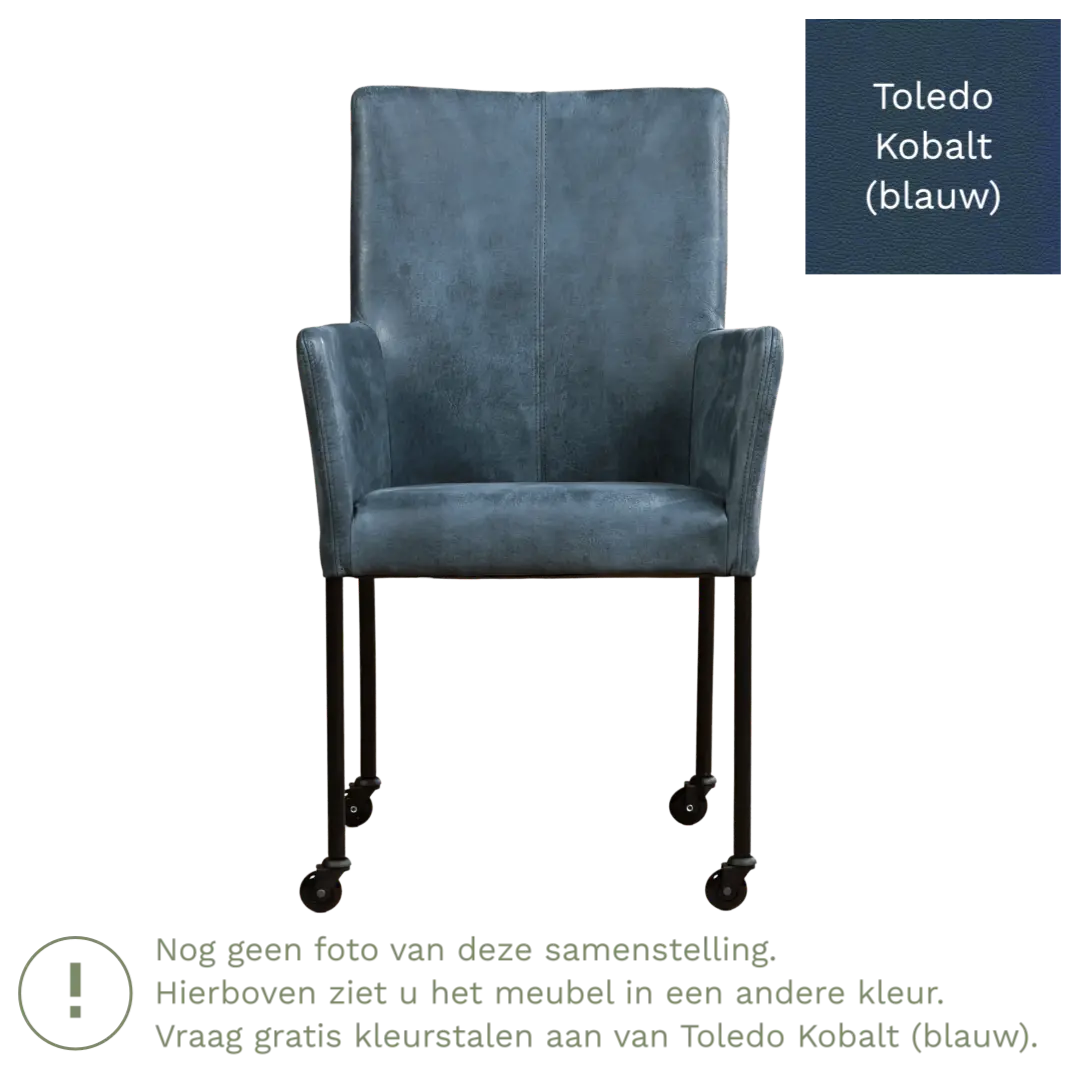 afbeelding van Leren eetkamerstoel Comfort met wieltjes en armleuning - Toledo Kobalt (blauw) - Poten staal rond zwart