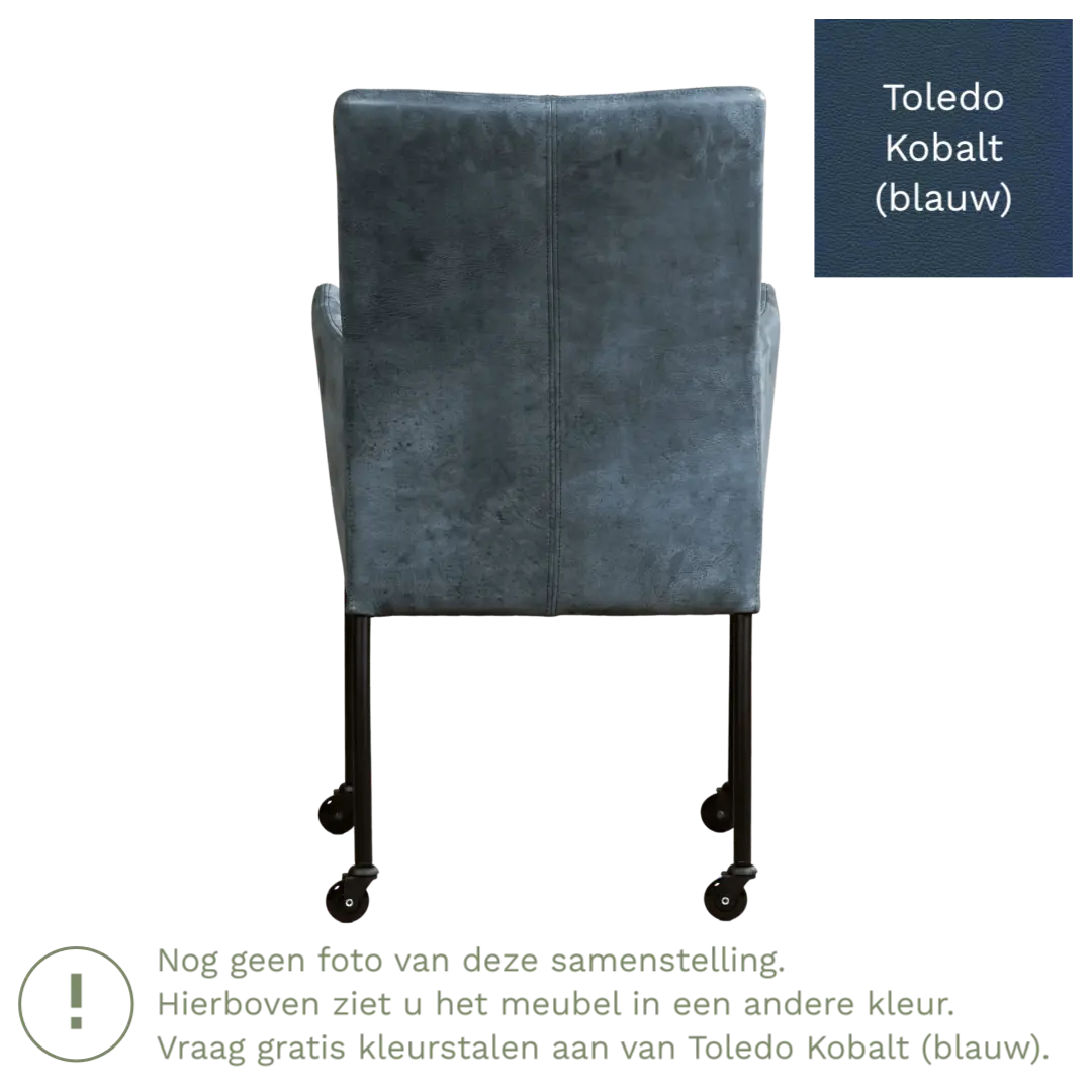 afbeelding van Leren eetkamerstoel Comfort met wieltjes en armleuning - Toledo Kobalt (blauw) - Poten staal rond zwart