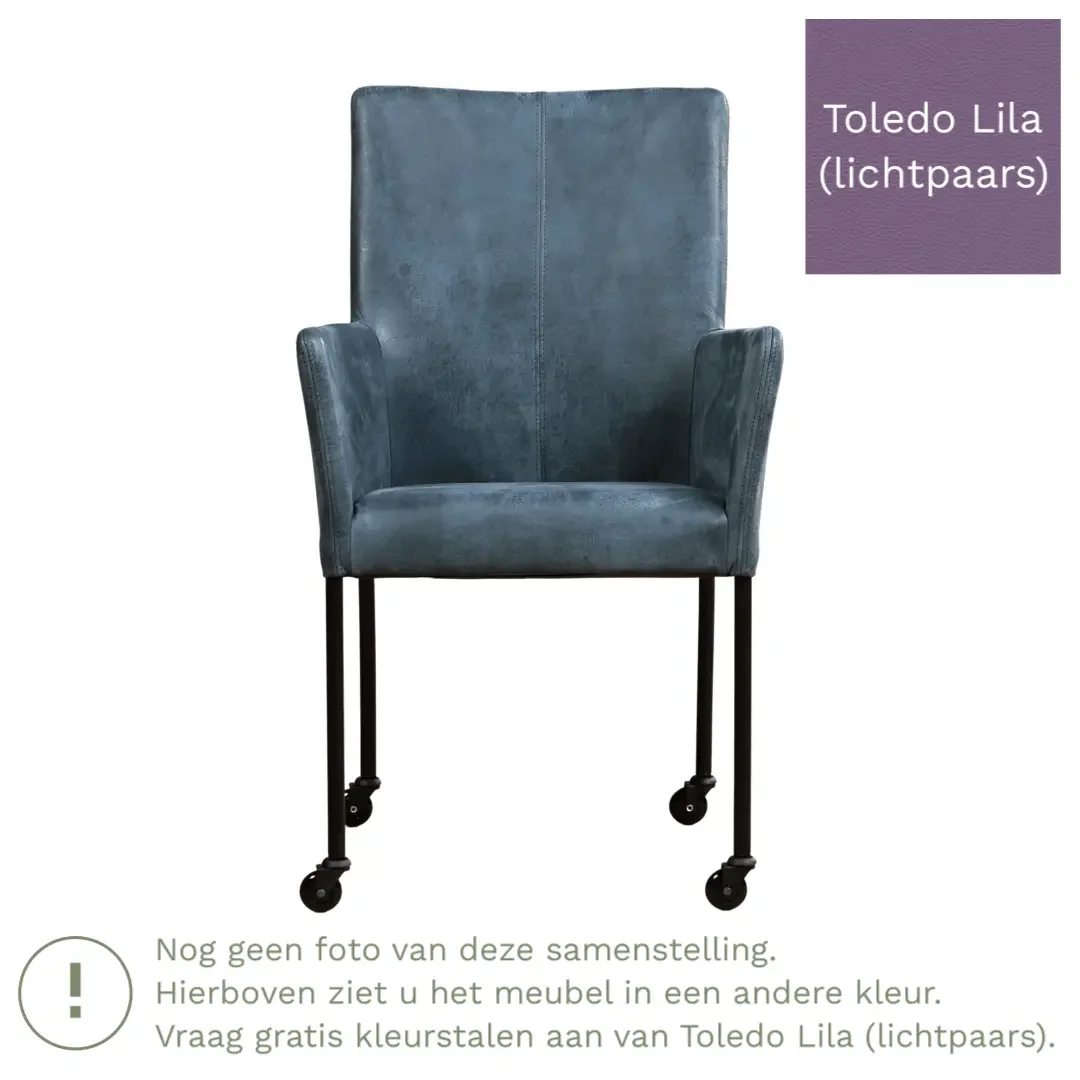 afbeelding van Leren eetkamerstoel Comfort met wieltjes en armleuning - Toledo Lila (lichtpaars) - Poten staal rond zwart