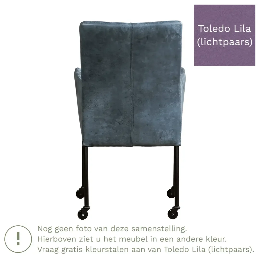 afbeelding van Leren eetkamerstoel Comfort met wieltjes en armleuning - Toledo Lila (lichtpaars) - Poten staal rond zwart