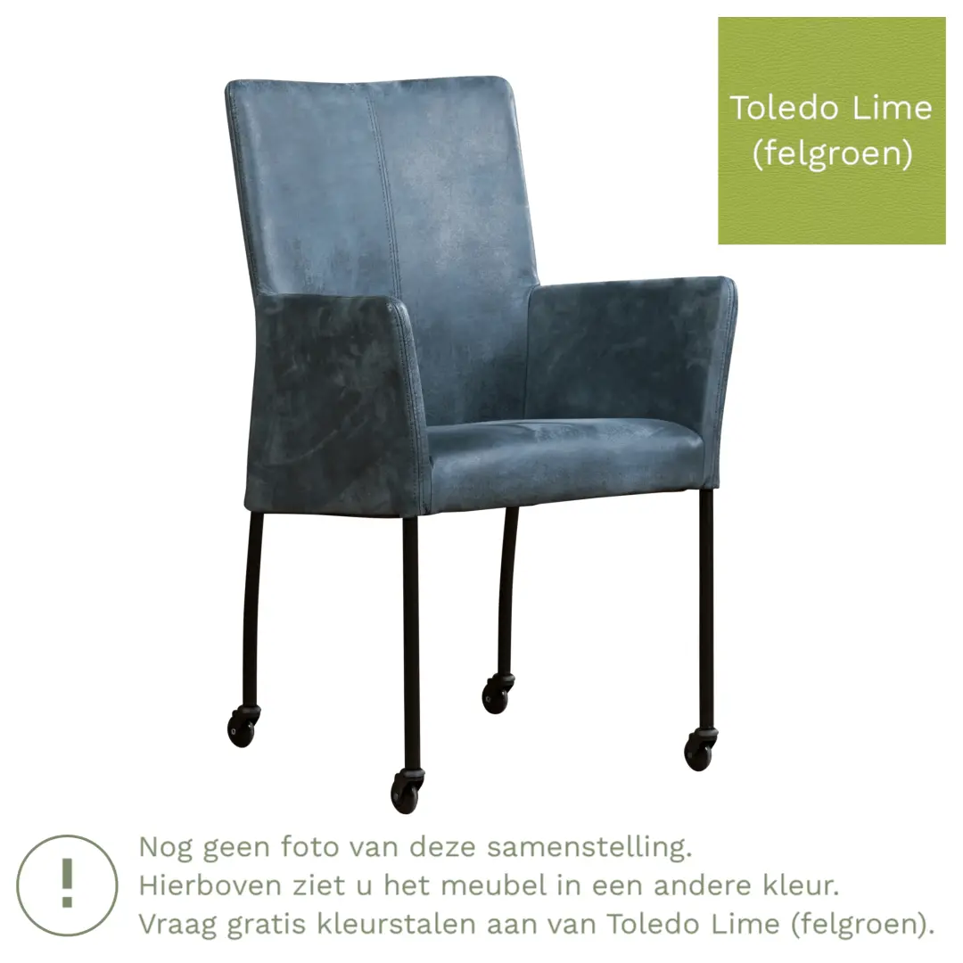 afbeelding van Leren eetkamerstoel Comfort met wieltjes en armleuning - Toledo Lime (felgroen) - Poten staal rond RVS