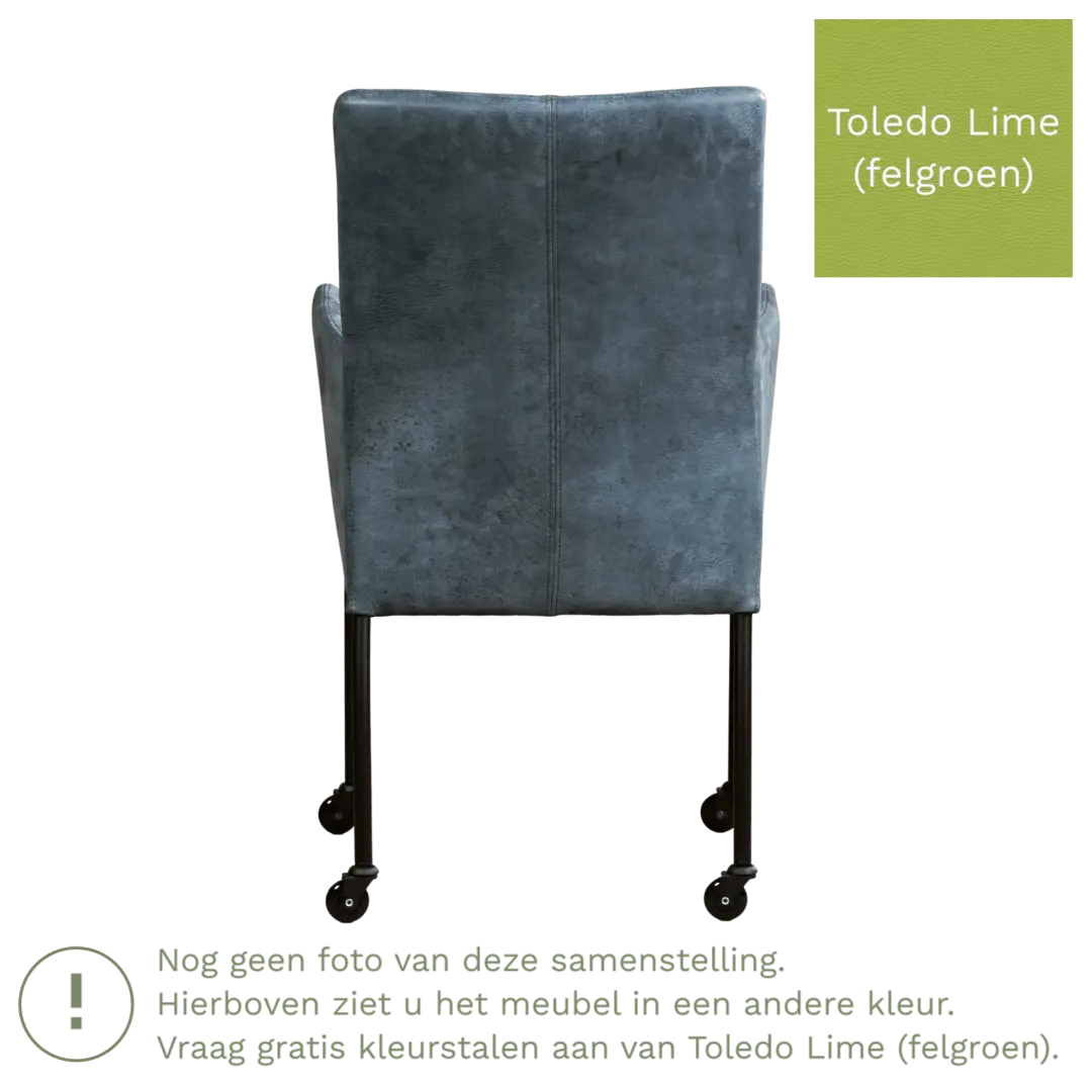 afbeelding van Leren eetkamerstoel Comfort met wieltjes en armleuning - Toledo Lime (felgroen) - Poten staal rond RVS
