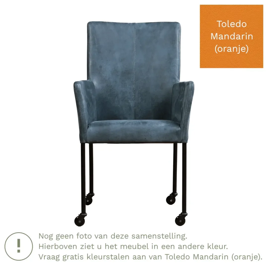 afbeelding van Leren eetkamerstoel Comfort met wieltjes en armleuning - Toledo Mandarin (oranje) - Poten staal vierkant zwart