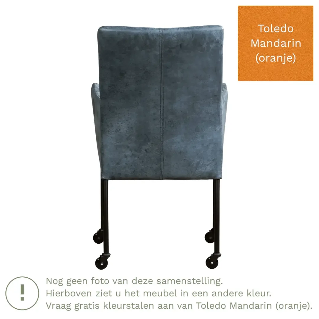afbeelding van Leren eetkamerstoel Comfort met wieltjes en armleuning - Toledo Mandarin (oranje) - Poten staal vierkant zwart