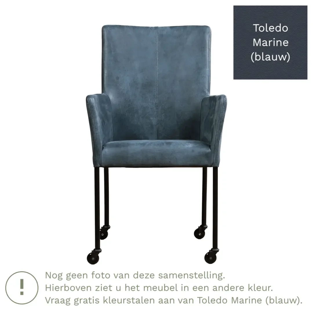 afbeelding van Leren eetkamerstoel Comfort met wieltjes en armleuning - Toledo Marine (blauw) - Poten staal vierkant zwart