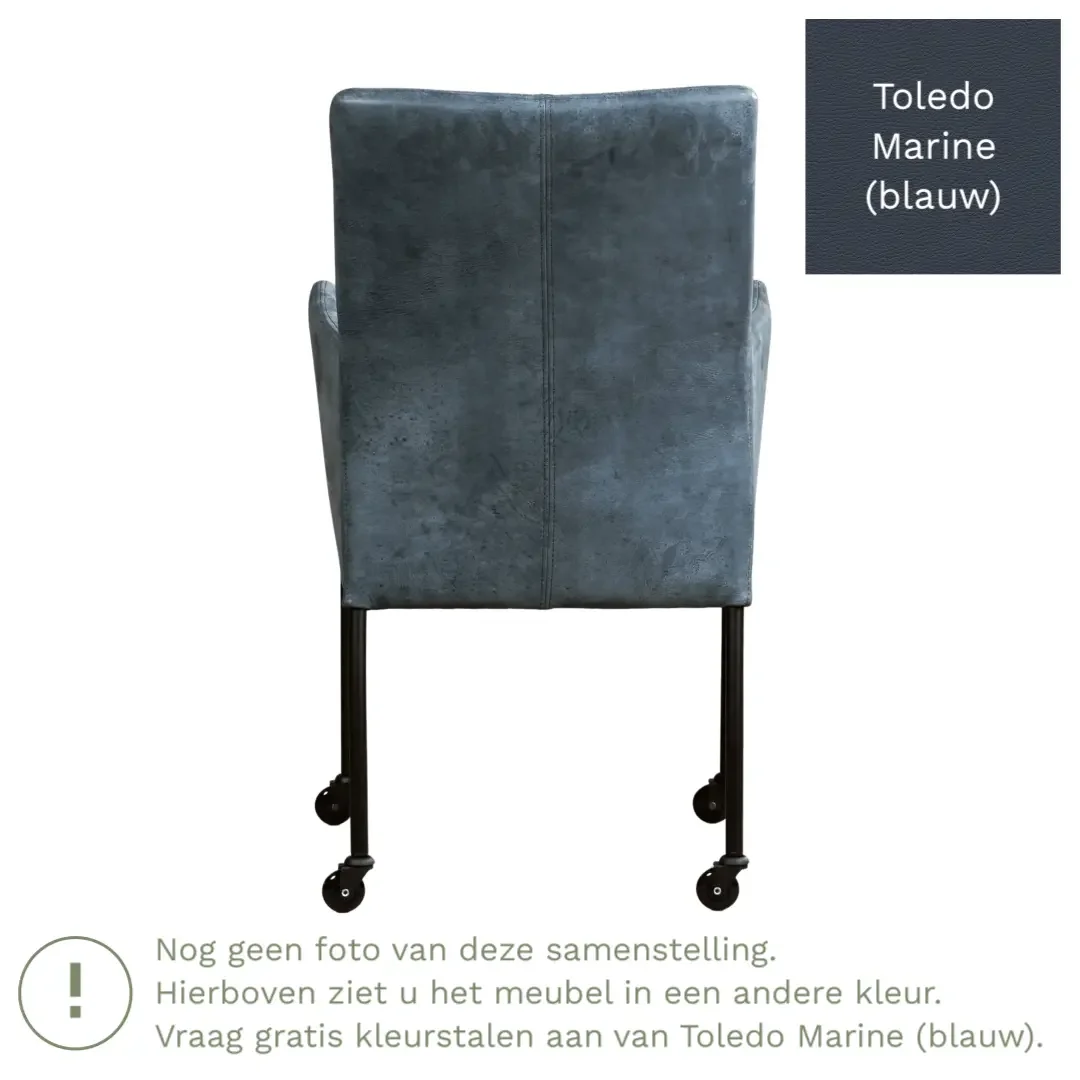 afbeelding van Leren eetkamerstoel Comfort met wieltjes en armleuning - Toledo Marine (blauw) - Poten staal vierkant zwart