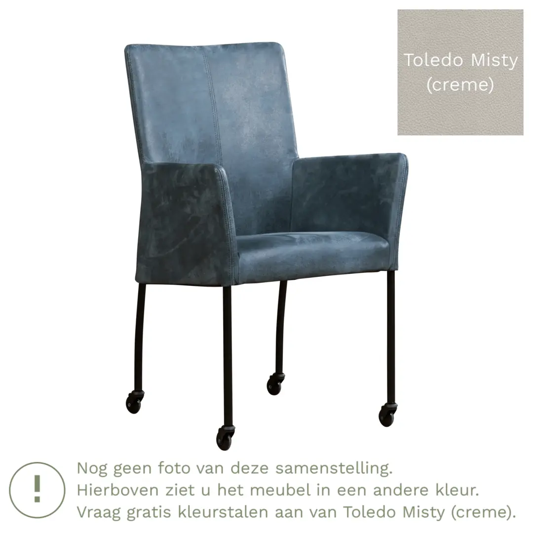 afbeelding van Leren eetkamerstoel Comfort met wieltjes en armleuning - Toledo Misty (crème) - Poten staal rond RVS