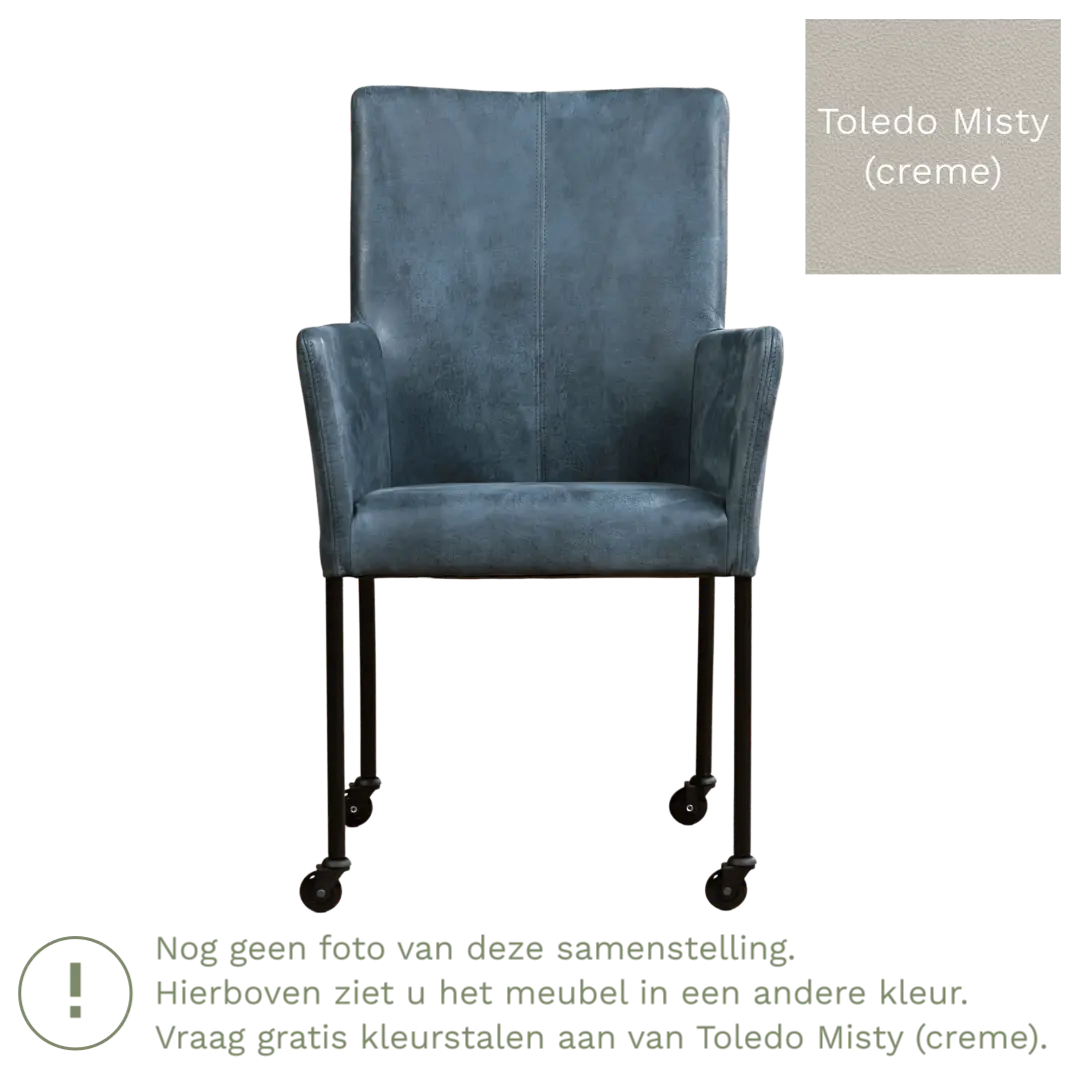 afbeelding van Leren eetkamerstoel Comfort met wieltjes en armleuning - Toledo Misty (crème) - Poten staal rond zwart