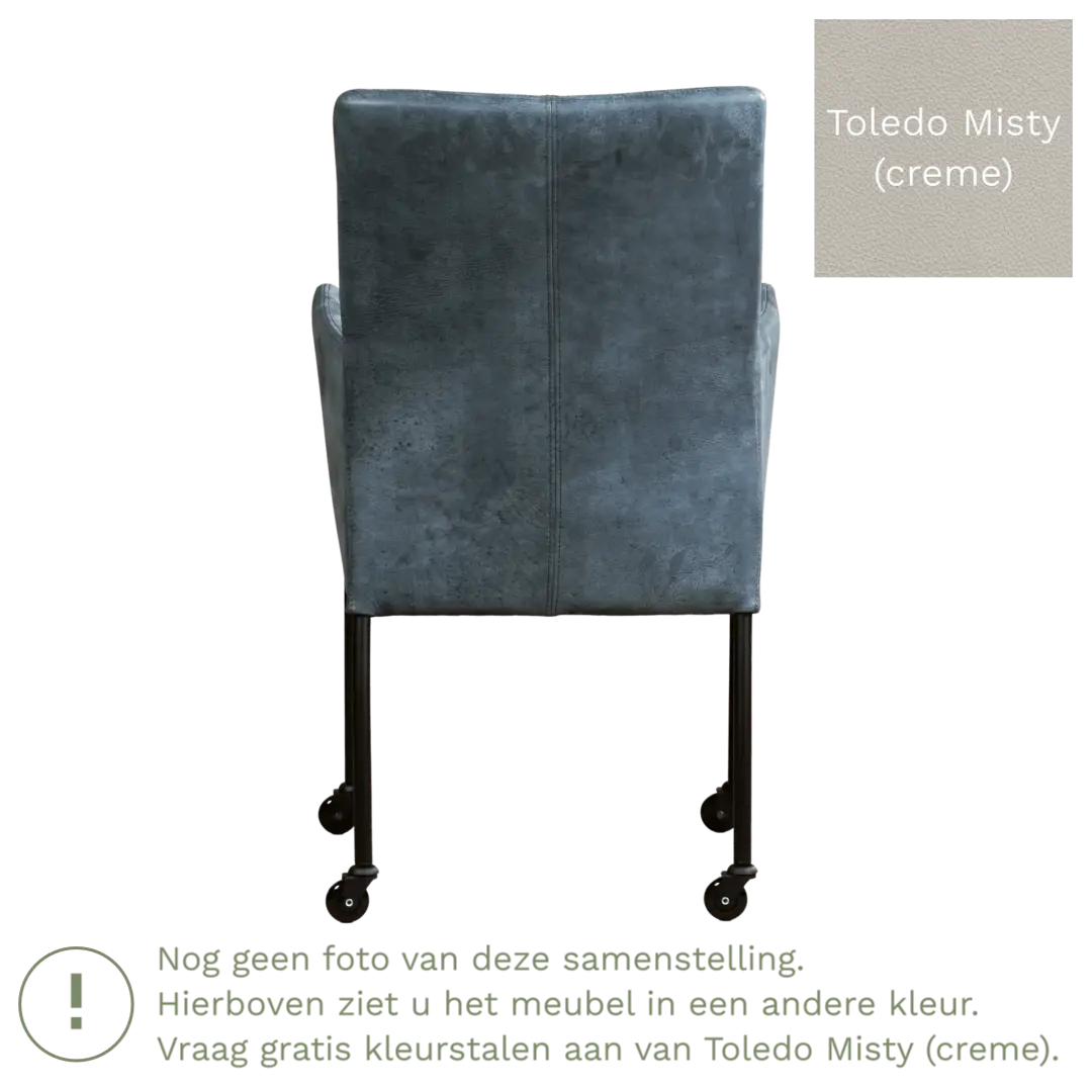 afbeelding van Leren eetkamerstoel Comfort met wieltjes en armleuning - Toledo Misty (crème) - Poten staal rond zwart