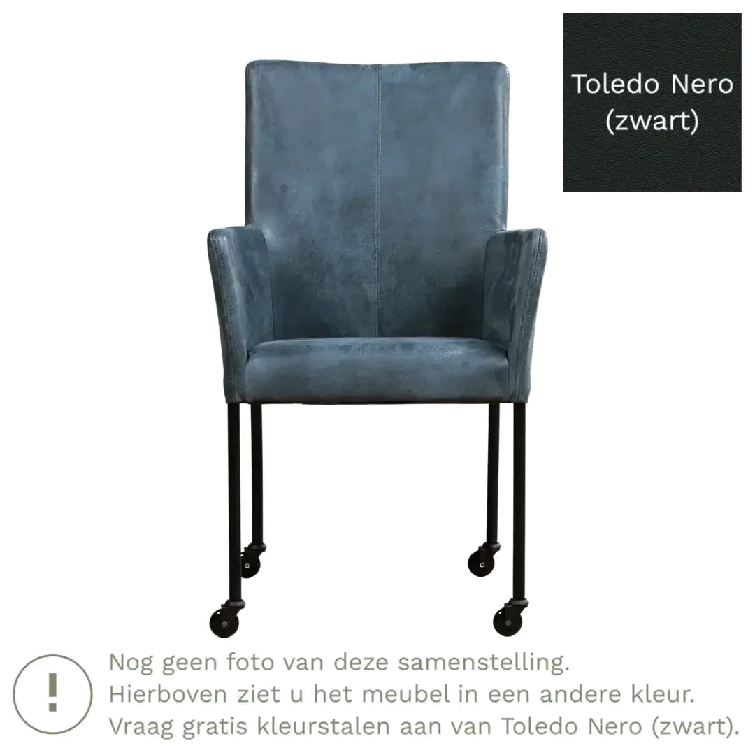 afbeelding van Leren eetkamerstoel Comfort met wieltjes en armleuning - Toledo Nero (zwart) - Poten staal vierkant RVS