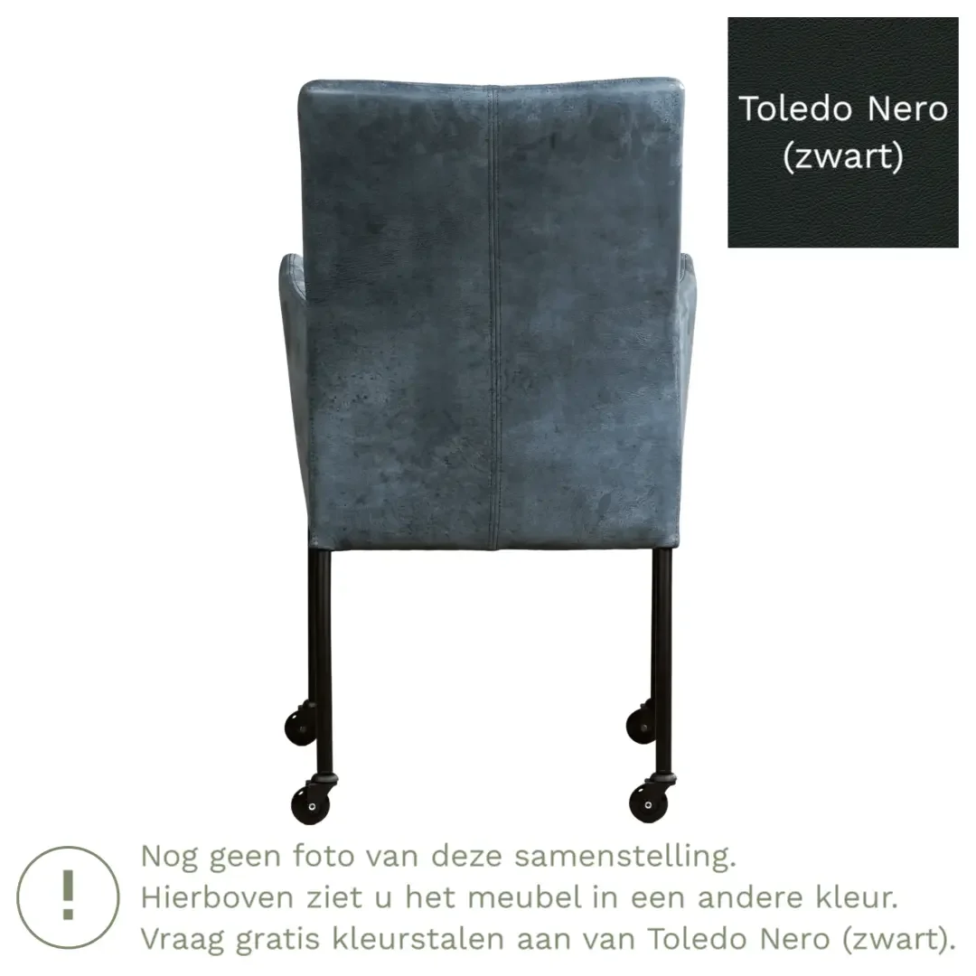 afbeelding van Leren eetkamerstoel Comfort met wieltjes en armleuning - Toledo Nero (zwart) - Poten staal vierkant RVS