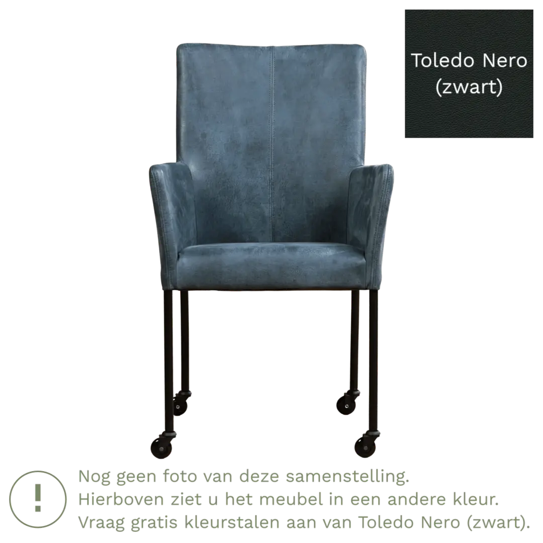 afbeelding van Leren eetkamerstoel Comfort met wieltjes en armleuning - Toledo Nero (zwart) - Poten staal vierkant zwart