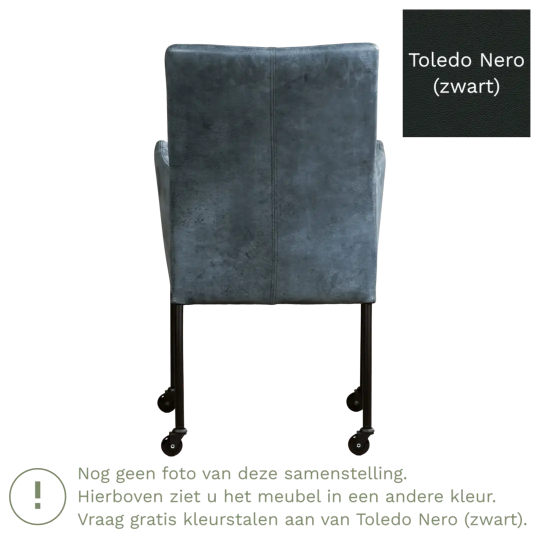 afbeelding van Leren eetkamerstoel Comfort met wieltjes en armleuning - Toledo Nero (zwart) - Poten staal vierkant zwart