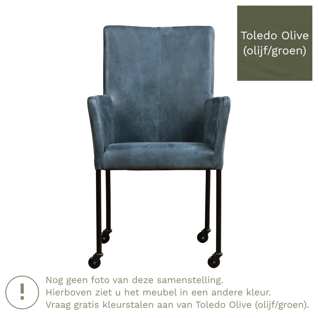 afbeelding van Leren eetkamerstoel Comfort met wieltjes en armleuning - Toledo Olive (olijf/goen) - Poten staal rond RVS