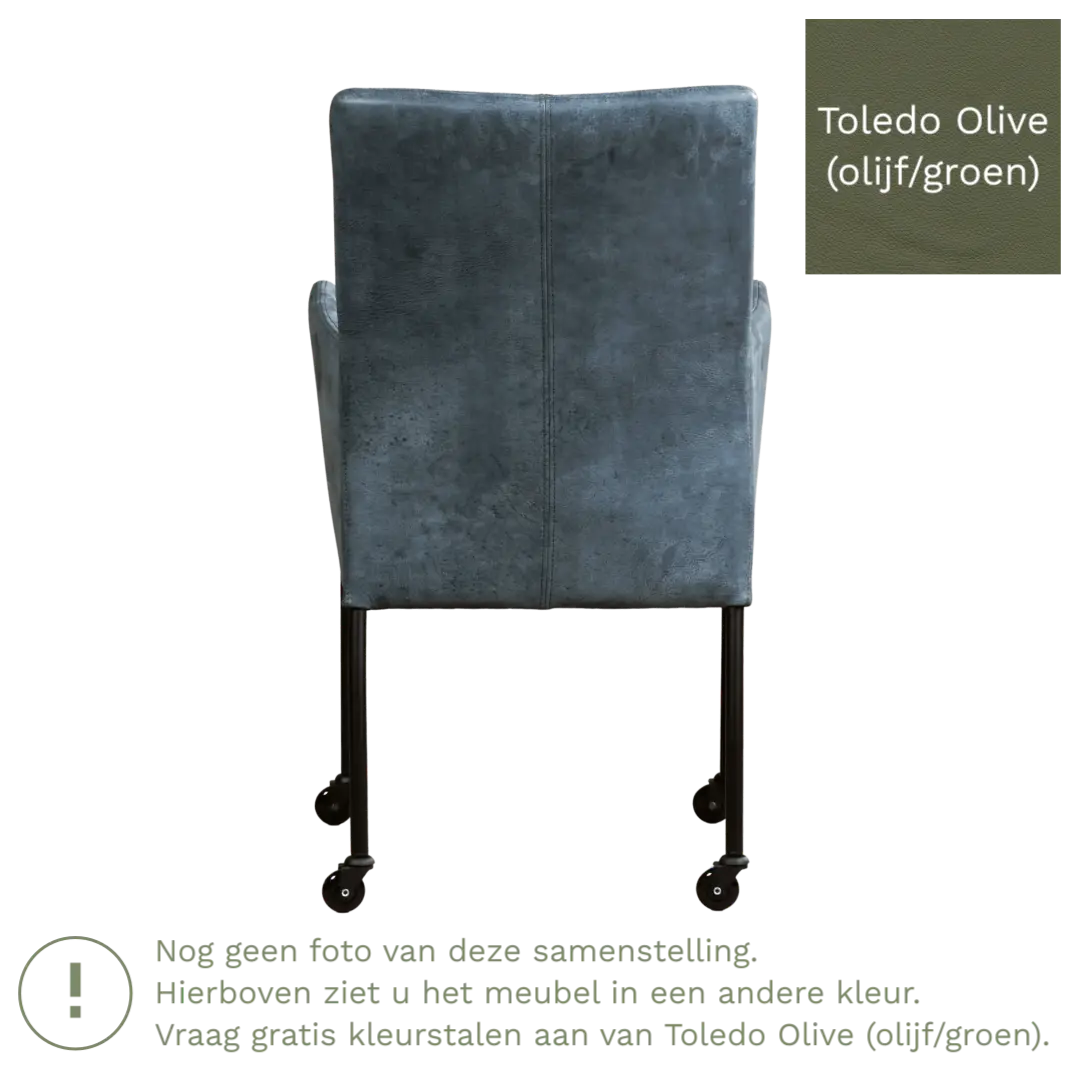 afbeelding van Leren eetkamerstoel Comfort met wieltjes en armleuning - Toledo Olive (olijf/goen) - Poten staal rond RVS
