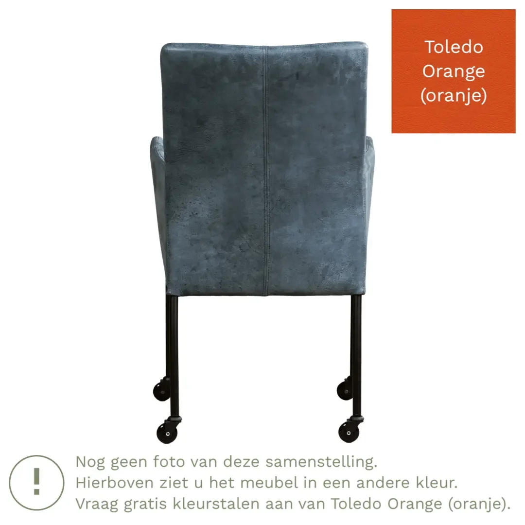 afbeelding van Leren eetkamerstoel Comfort met wieltjes en armleuning - Toledo Orange (oranje) - Poten staal vierkant RVS