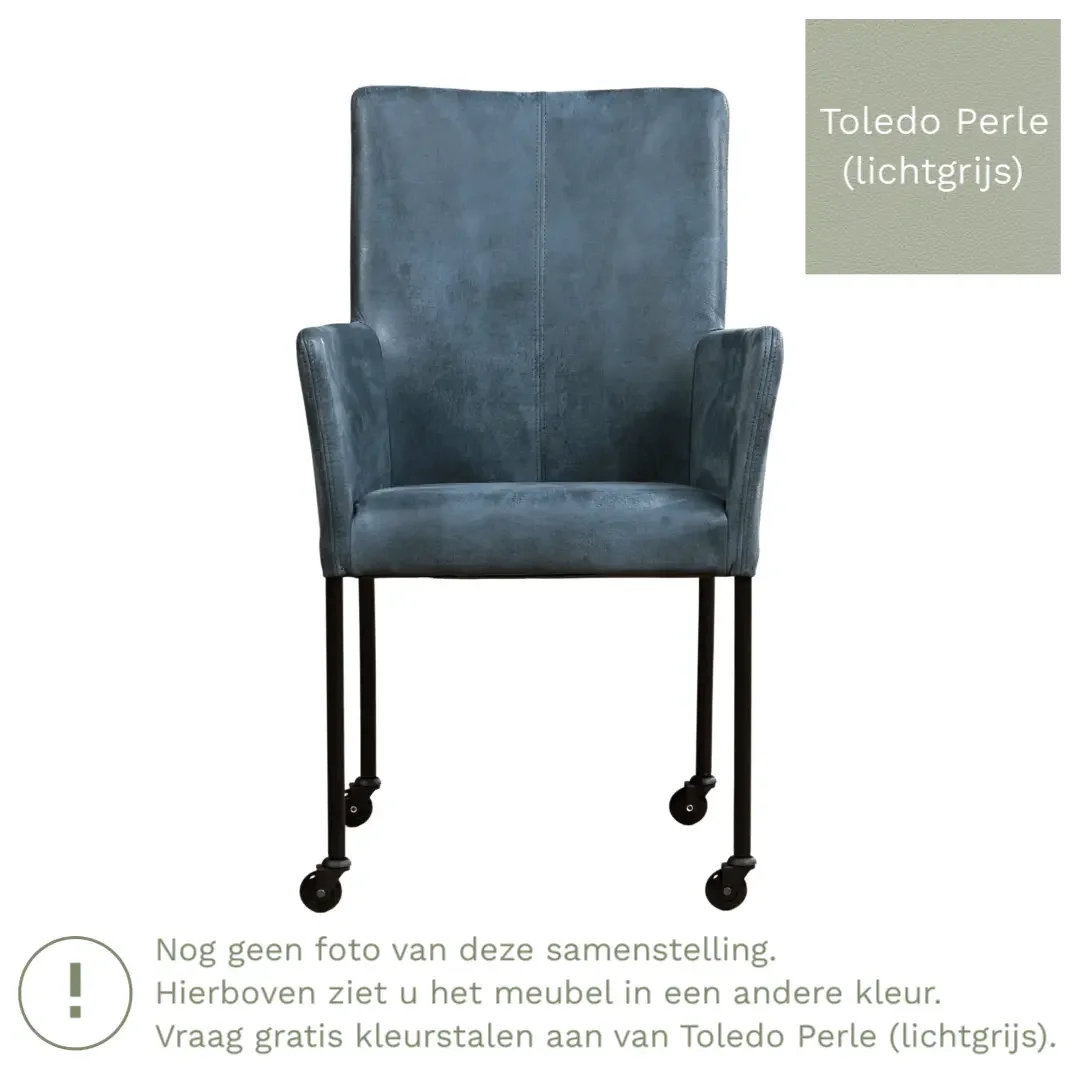 afbeelding van Leren eetkamerstoel Comfort met wieltjes en armleuning - Toledo Perle (lichtgrijs) - Poten staal rond RVS