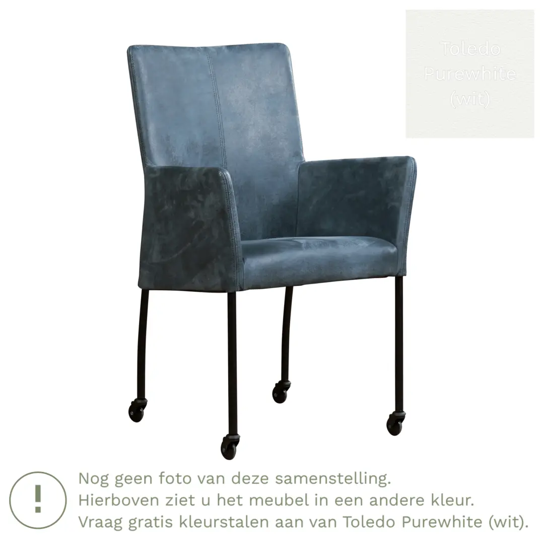 afbeelding van Leren eetkamerstoel Comfort met wieltjes en armleuning - Toledo Purewhite (wit) - Poten staal rond RVS