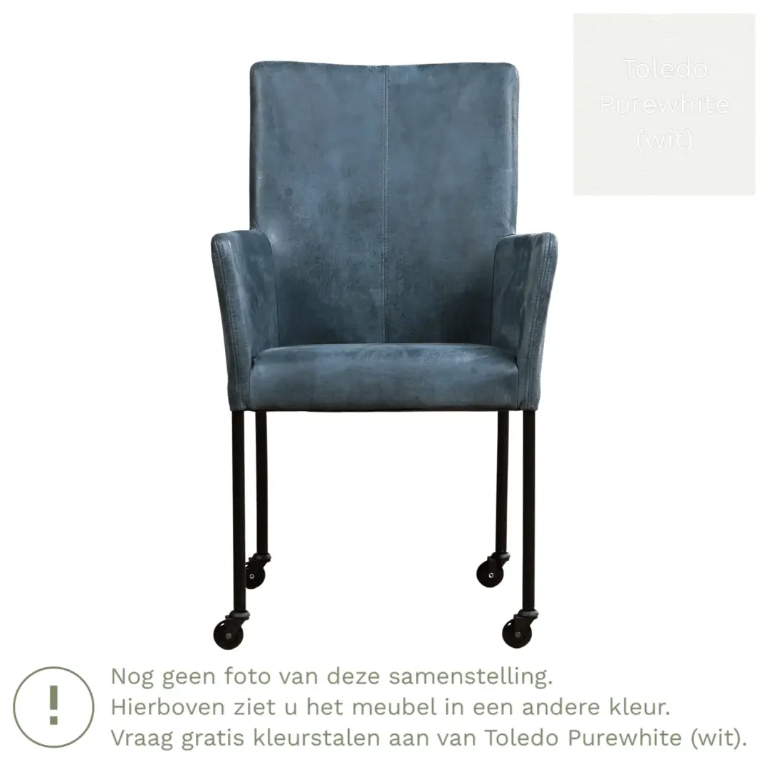afbeelding van Leren eetkamerstoel Comfort met wieltjes en armleuning - Toledo Purewhite (wit) - Poten staal vierkant RVS