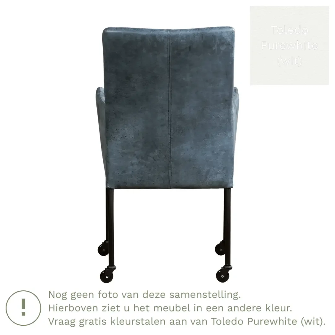afbeelding van Leren eetkamerstoel Comfort met wieltjes en armleuning - Toledo Purewhite (wit) - Poten staal vierkant RVS