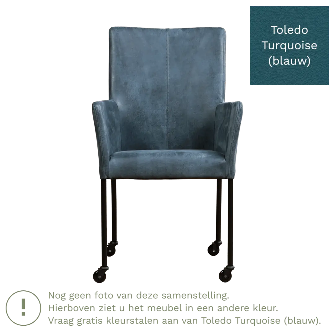 afbeelding van Leren eetkamerstoel Comfort met wieltjes en armleuning - Toledo Turquoise (blauw) - Poten staal rond RVS