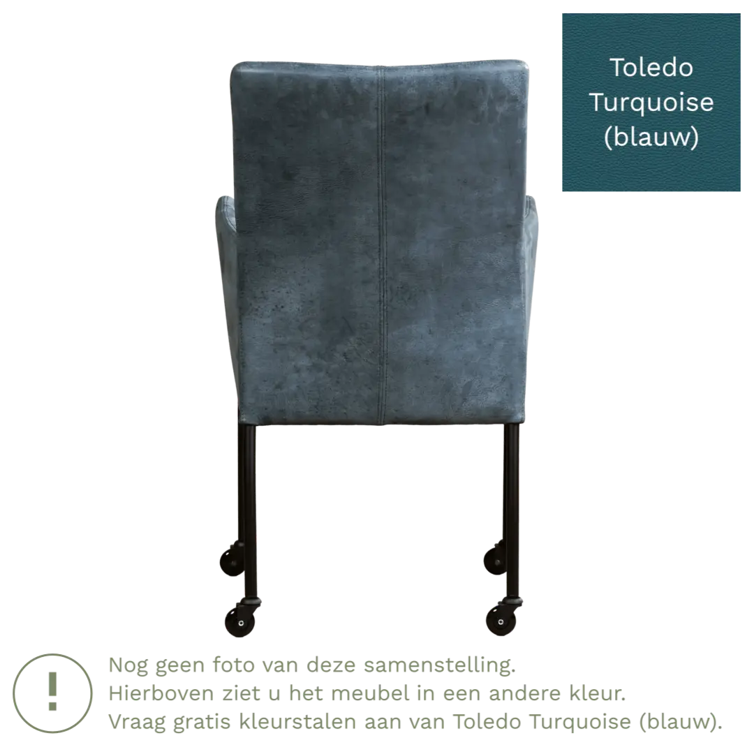 afbeelding van Leren eetkamerstoel Comfort met wieltjes en armleuning - Toledo Turquoise (blauw) - Poten staal rond RVS