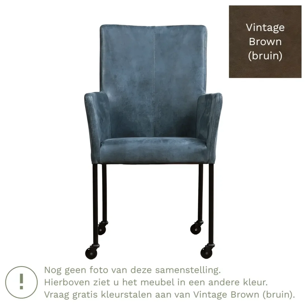 afbeelding van Leren eetkamerstoel Comfort met wieltjes en armleuning - Vintage Brown (bruin) - Poten staal vierkant zwart
