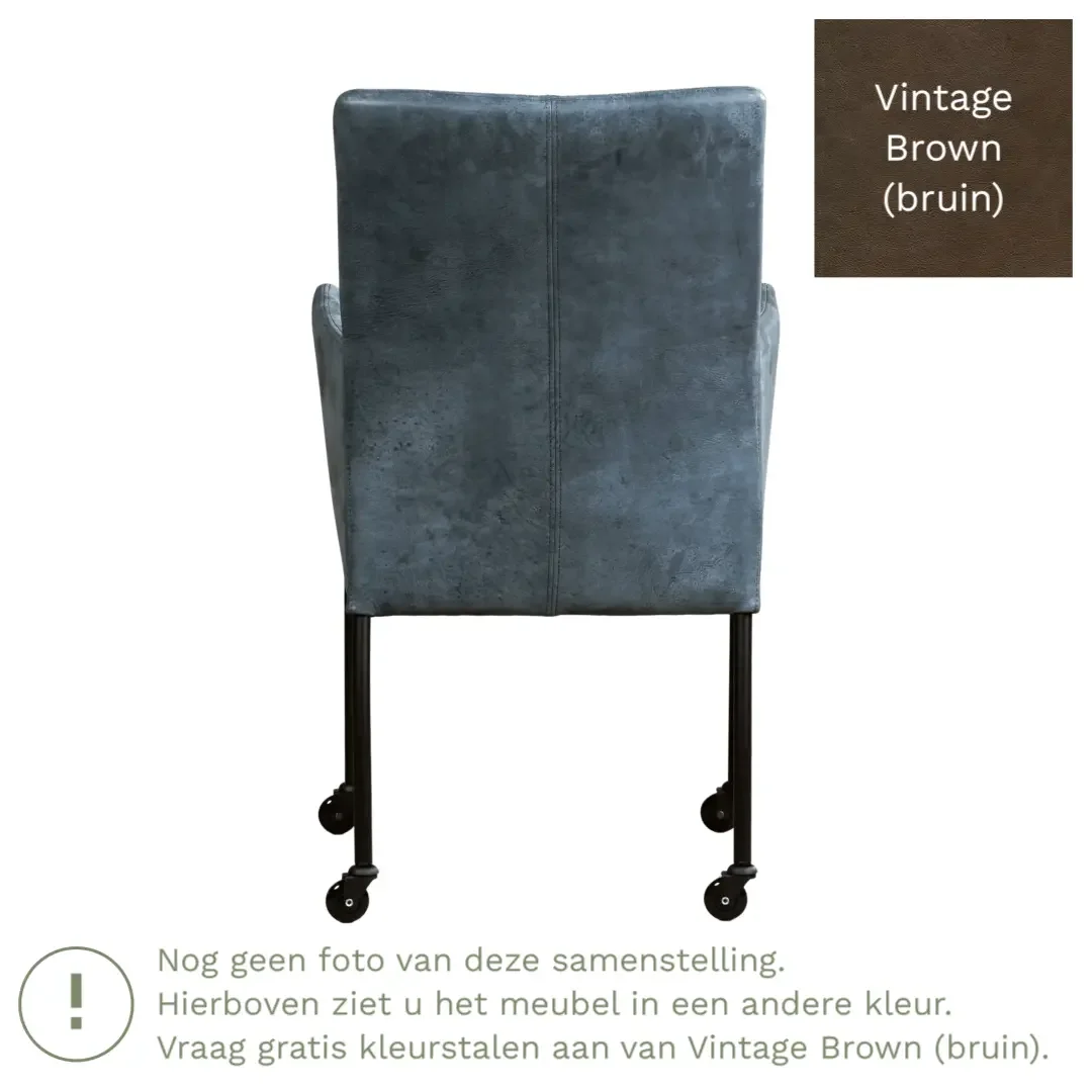 afbeelding van Leren eetkamerstoel Comfort met wieltjes en armleuning - Vintage Brown (bruin) - Poten staal vierkant zwart
