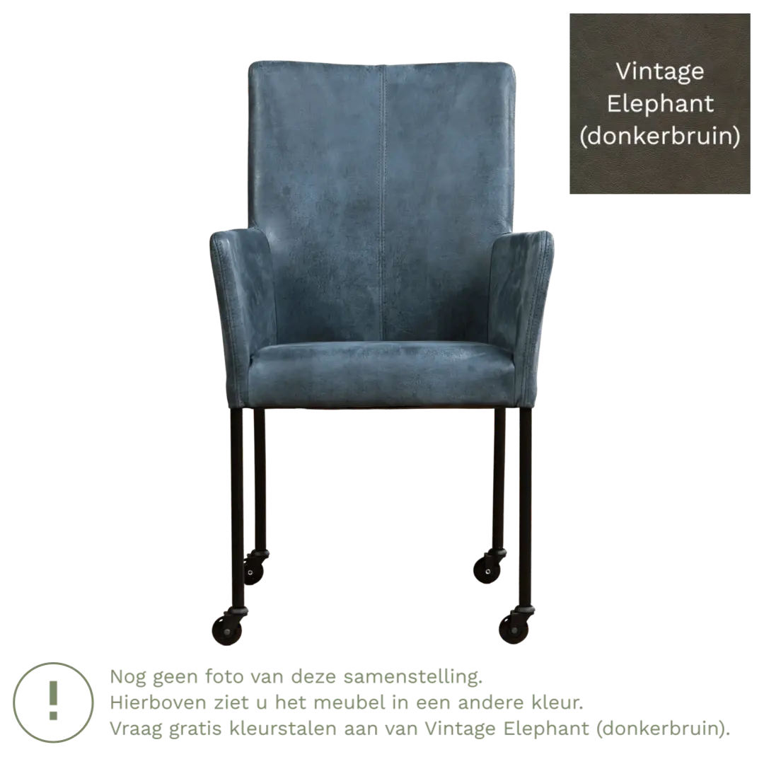 afbeelding van Leren eetkamerstoel Comfort met wieltjes en armleuning - Vintage Elephant (donkerbruin) - Poten staal rond RVS