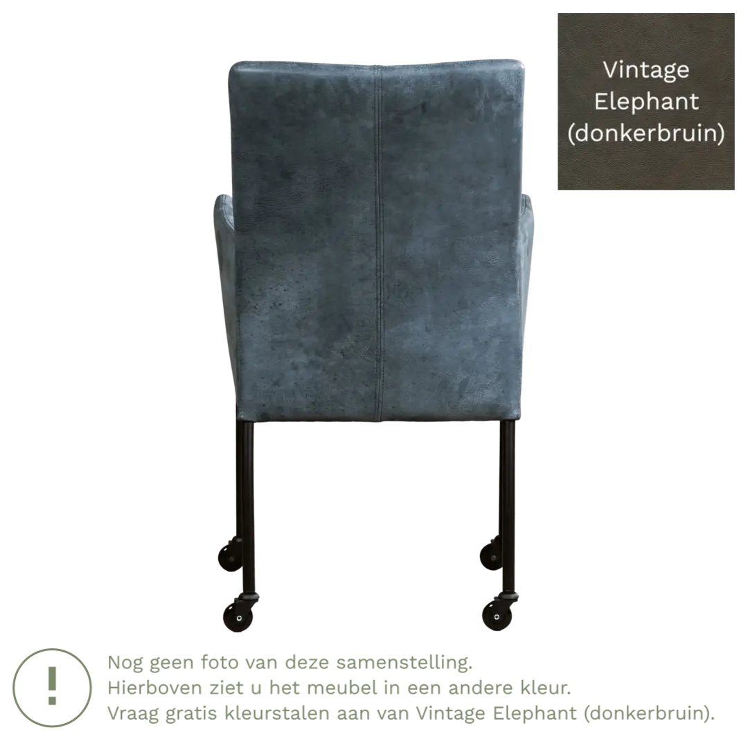 afbeelding van Leren eetkamerstoel Comfort met wieltjes en armleuning - Vintage Elephant (donkerbruin) - Poten staal rond RVS