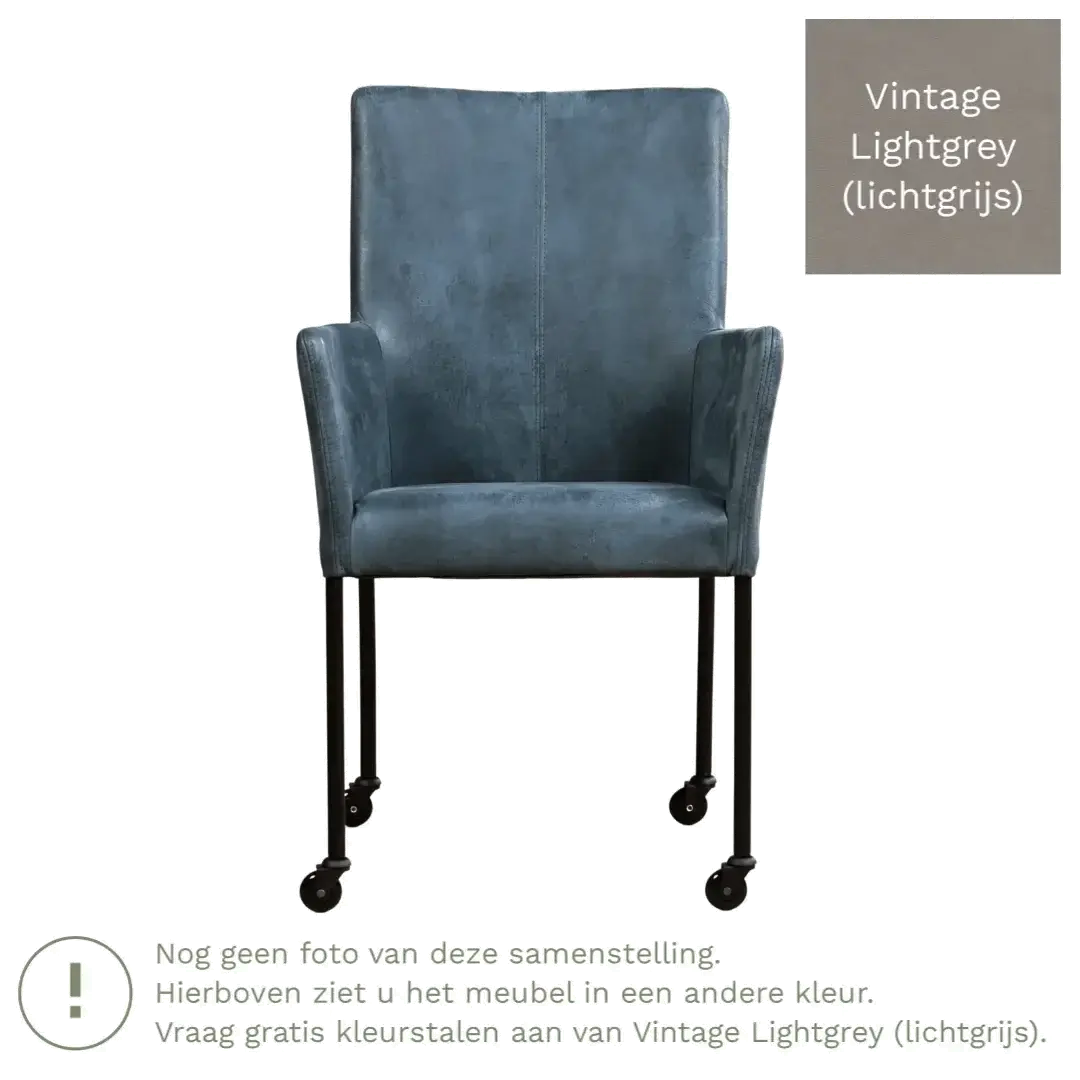 afbeelding van Leren eetkamerstoel Comfort met wieltjes en armleuning - Vintage Lightgrey (lichtgrijs) - Poten staal vierkant RVS