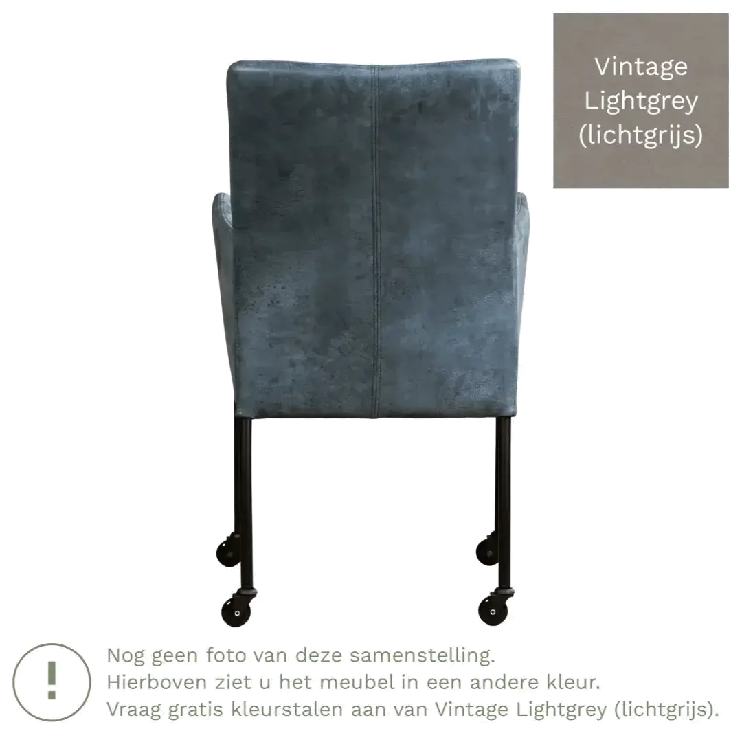afbeelding van Leren eetkamerstoel Comfort met wieltjes en armleuning - Vintage Lightgrey (lichtgrijs) - Poten staal vierkant RVS