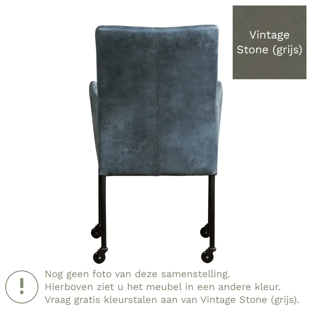 afbeelding van Leren eetkamerstoel Comfort met wieltjes en armleuning - Vintage Stone (grijs) - Poten staal vierkant zwart