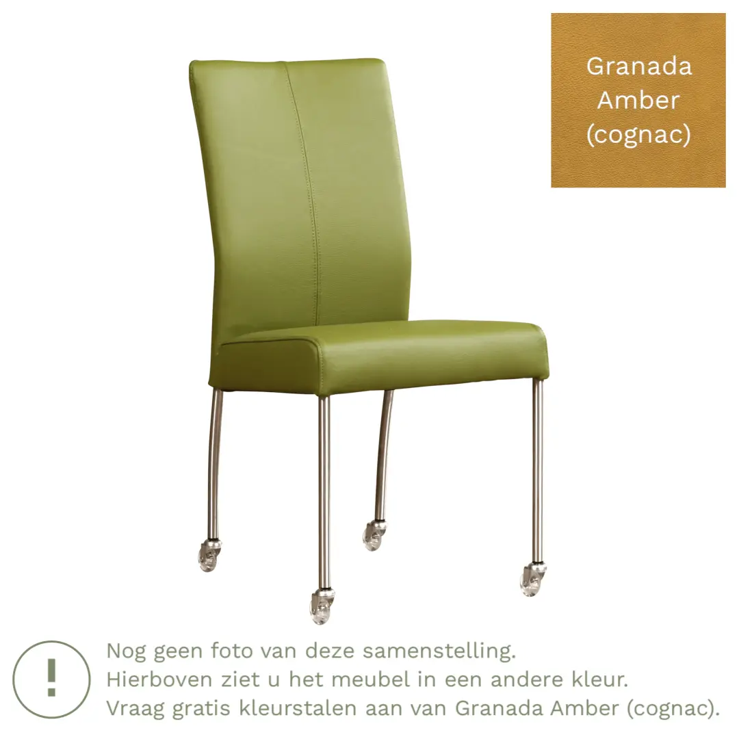 afbeelding van Leren eetkamerstoel Comfort met wieltjes - Granada Amber (cognac) - Poten staal vierkant zwart