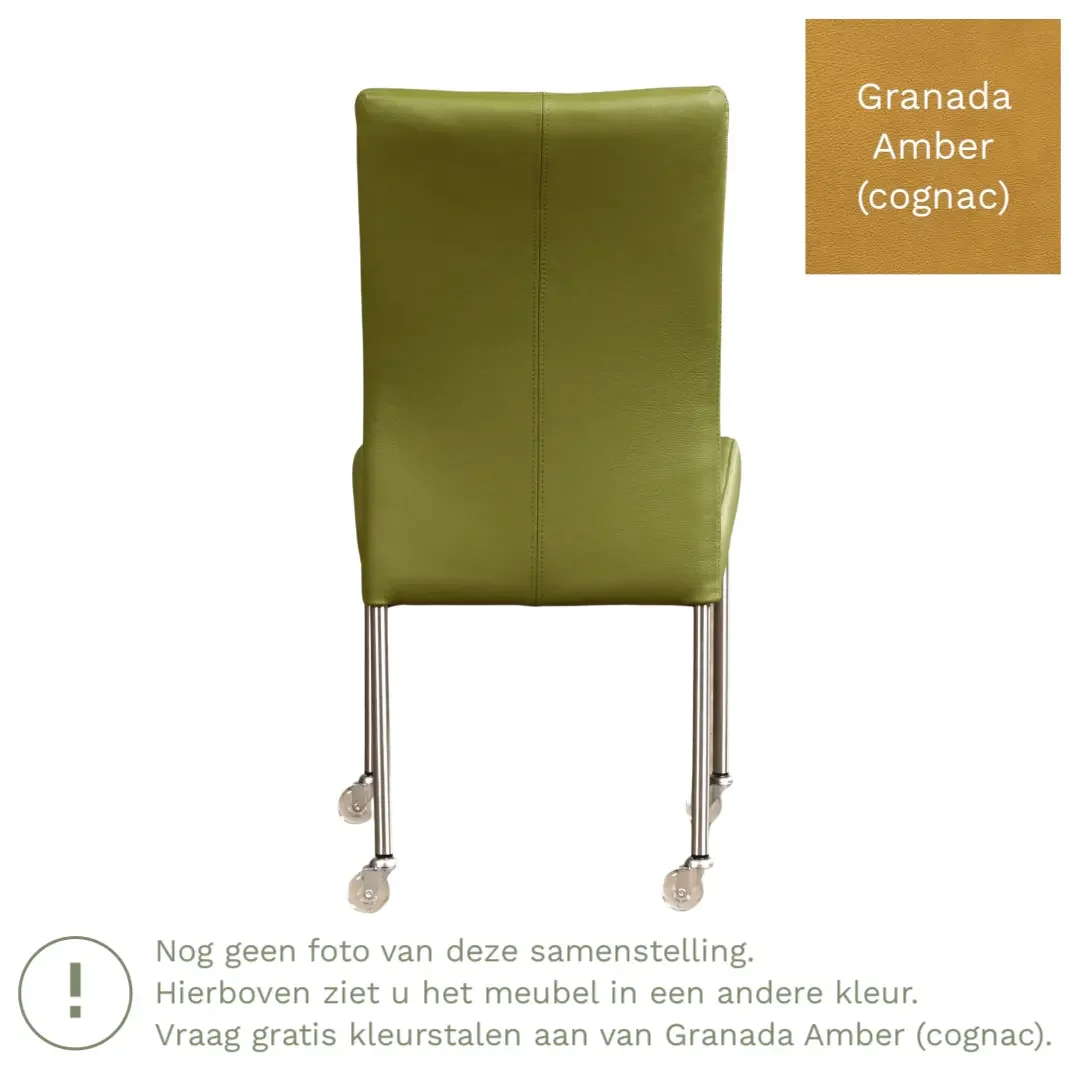 afbeelding van Leren eetkamerstoel Comfort met wieltjes - Granada Amber (cognac) - Poten staal vierkant zwart