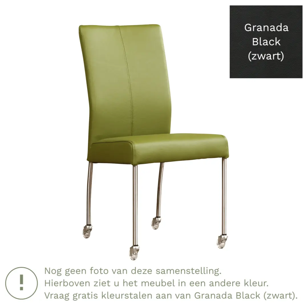 afbeelding van Leren eetkamerstoel Comfort met wieltjes - Granada Black (zwart) - Poten staal rond RVS