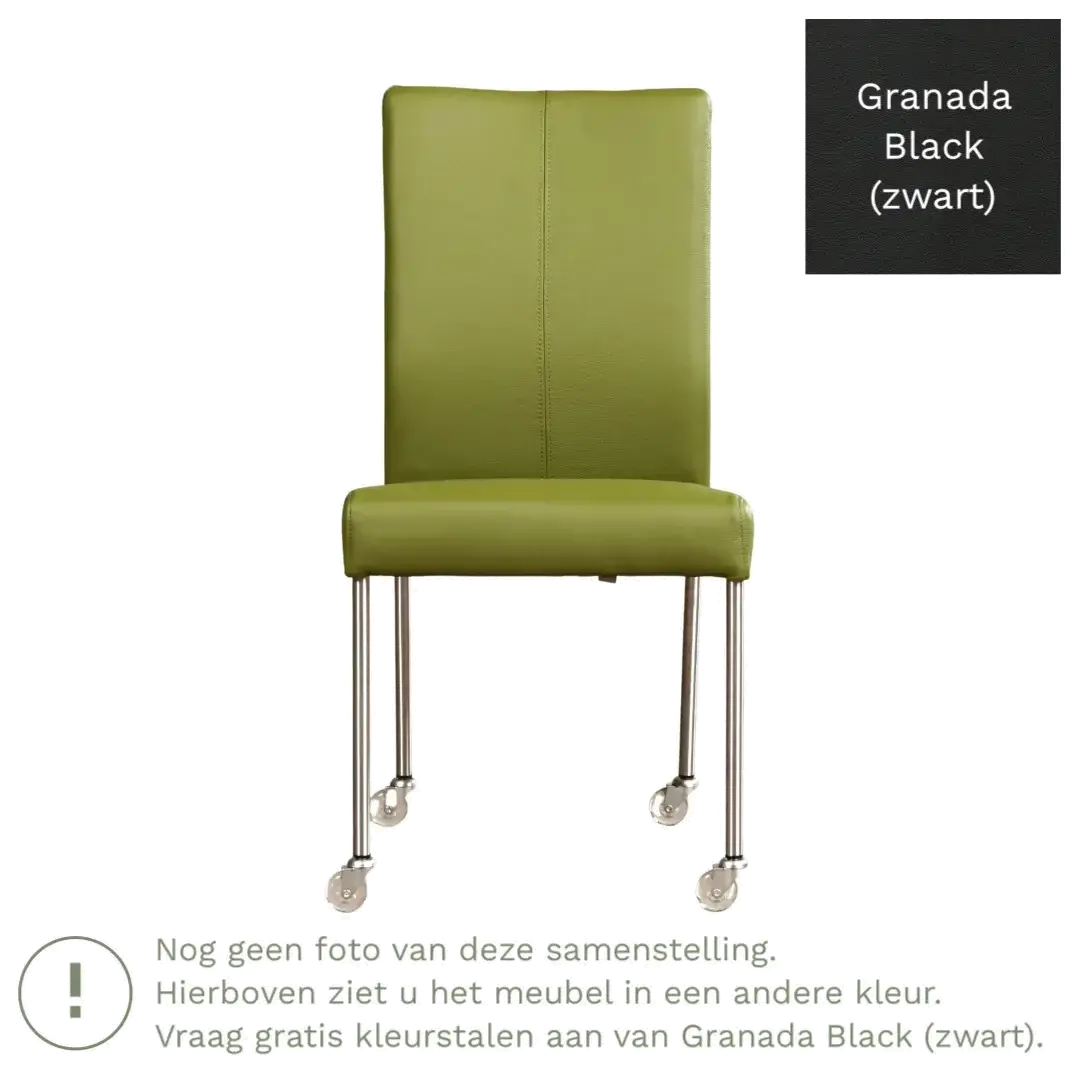 afbeelding van Leren eetkamerstoel Comfort met wieltjes - Granada Black (zwart) - Poten staal rond RVS