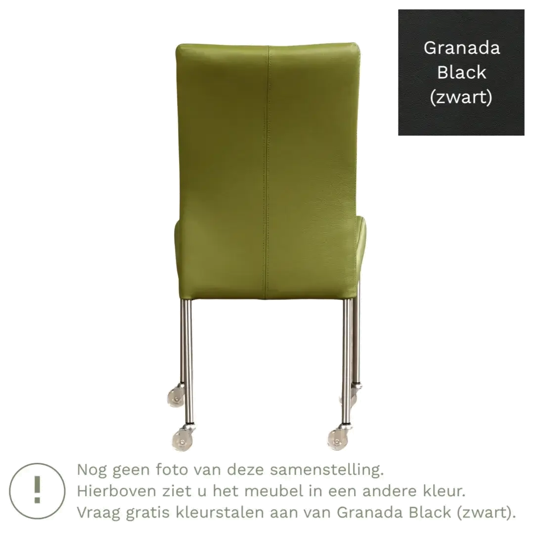 afbeelding van Leren eetkamerstoel Comfort met wieltjes - Granada Black (zwart) - Poten staal rond RVS