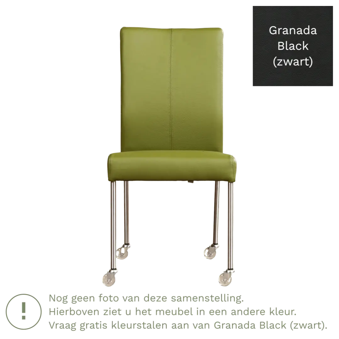 afbeelding van Leren eetkamerstoel Comfort met wieltjes - Granada Black (zwart) - Poten staal vierkant RVS