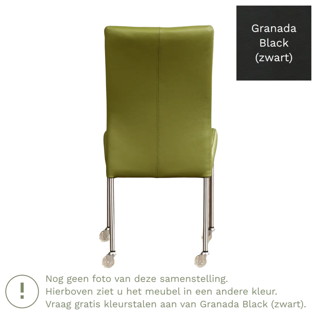 afbeelding van Leren eetkamerstoel Comfort met wieltjes - Granada Black (zwart) - Poten staal vierkant RVS