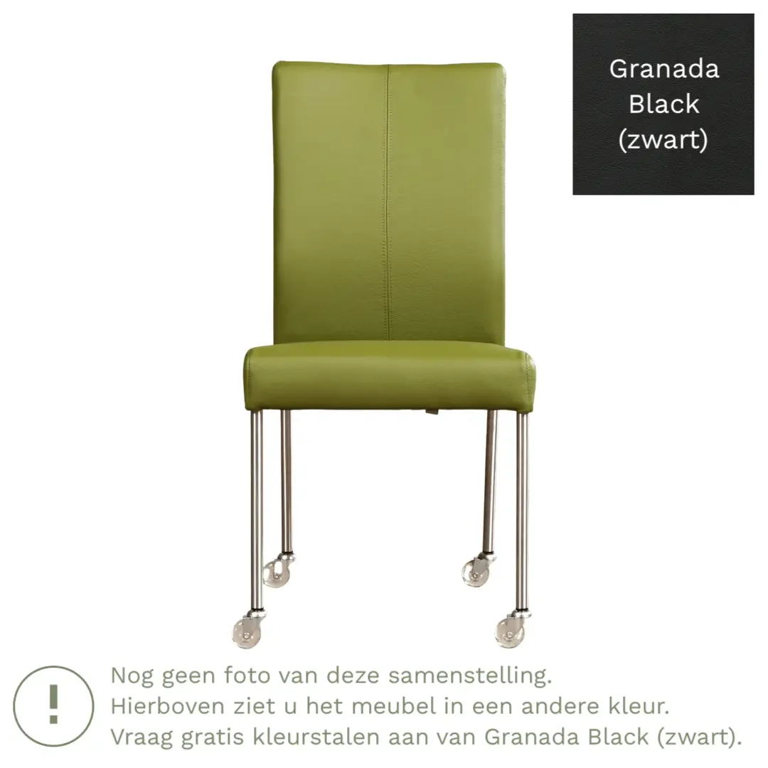 afbeelding van Leren eetkamerstoel Comfort met wieltjes - Granada Black (zwart) - Poten staal vierkant zwart