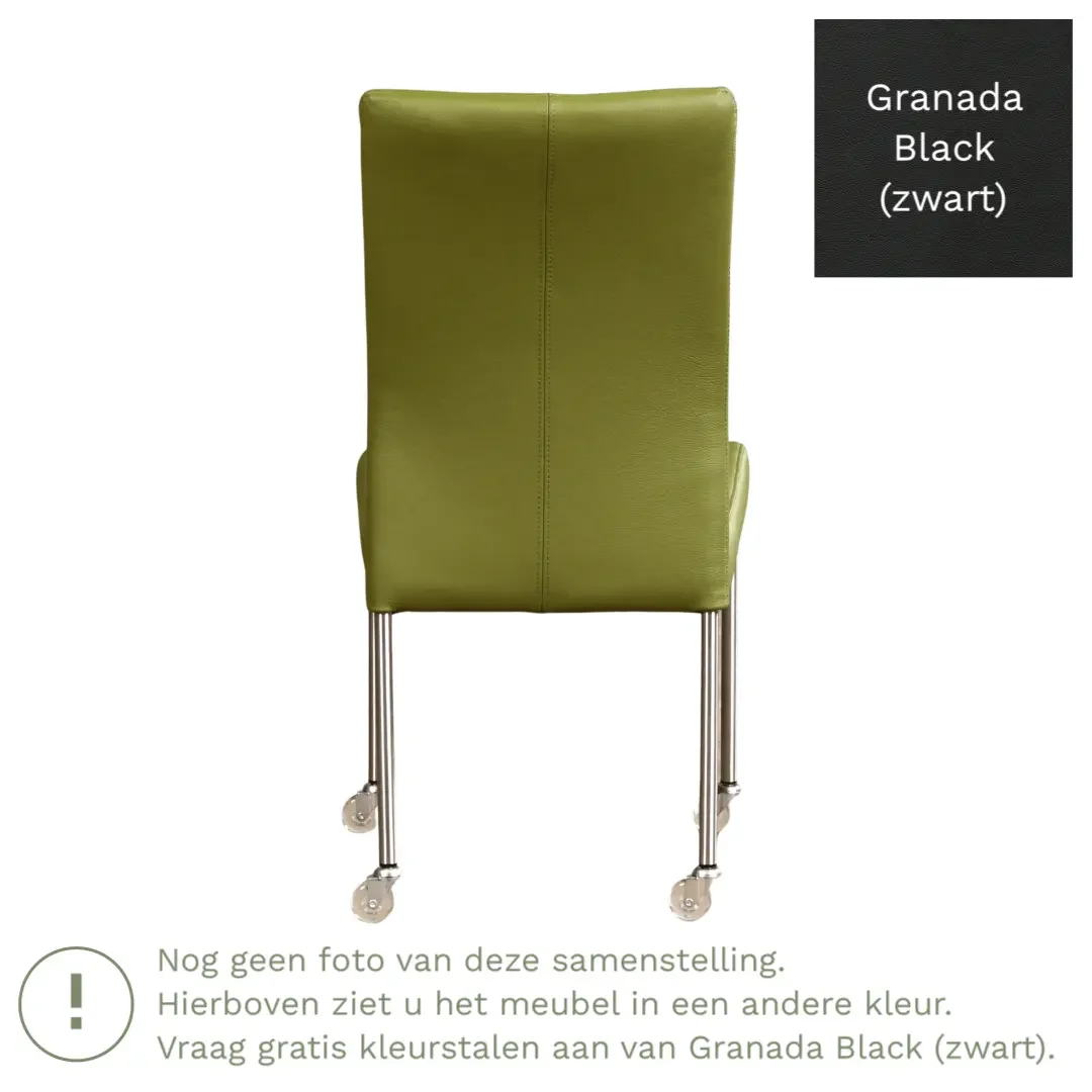 afbeelding van Leren eetkamerstoel Comfort met wieltjes - Granada Black (zwart) - Poten staal vierkant zwart
