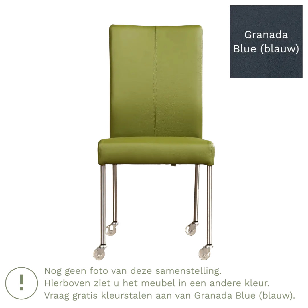 afbeelding van Leren eetkamerstoel Comfort met wieltjes - Granada Blue (blauw) - Poten staal vierkant zwart