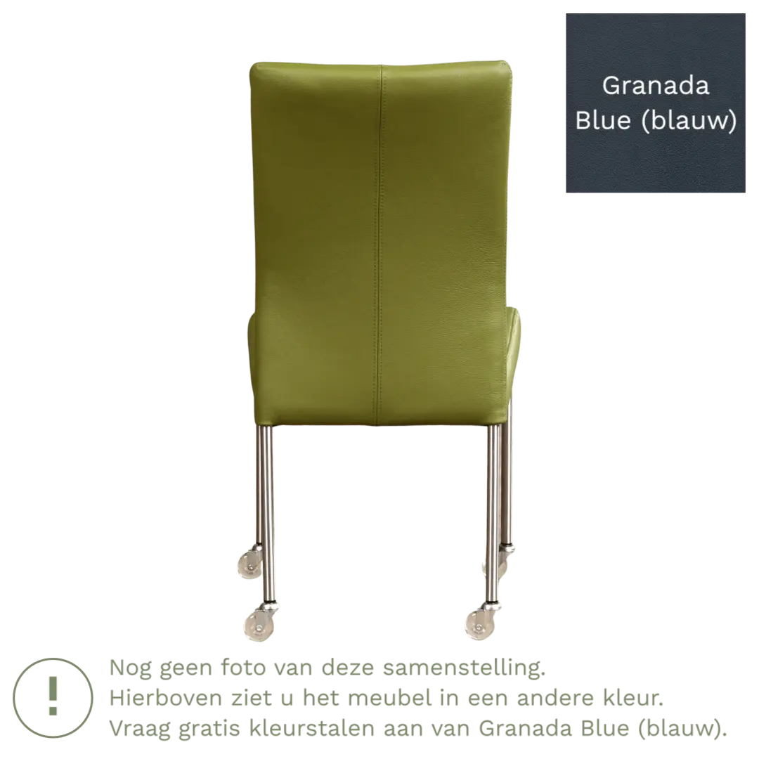 afbeelding van Leren eetkamerstoel Comfort met wieltjes - Granada Blue (blauw) - Poten staal vierkant zwart