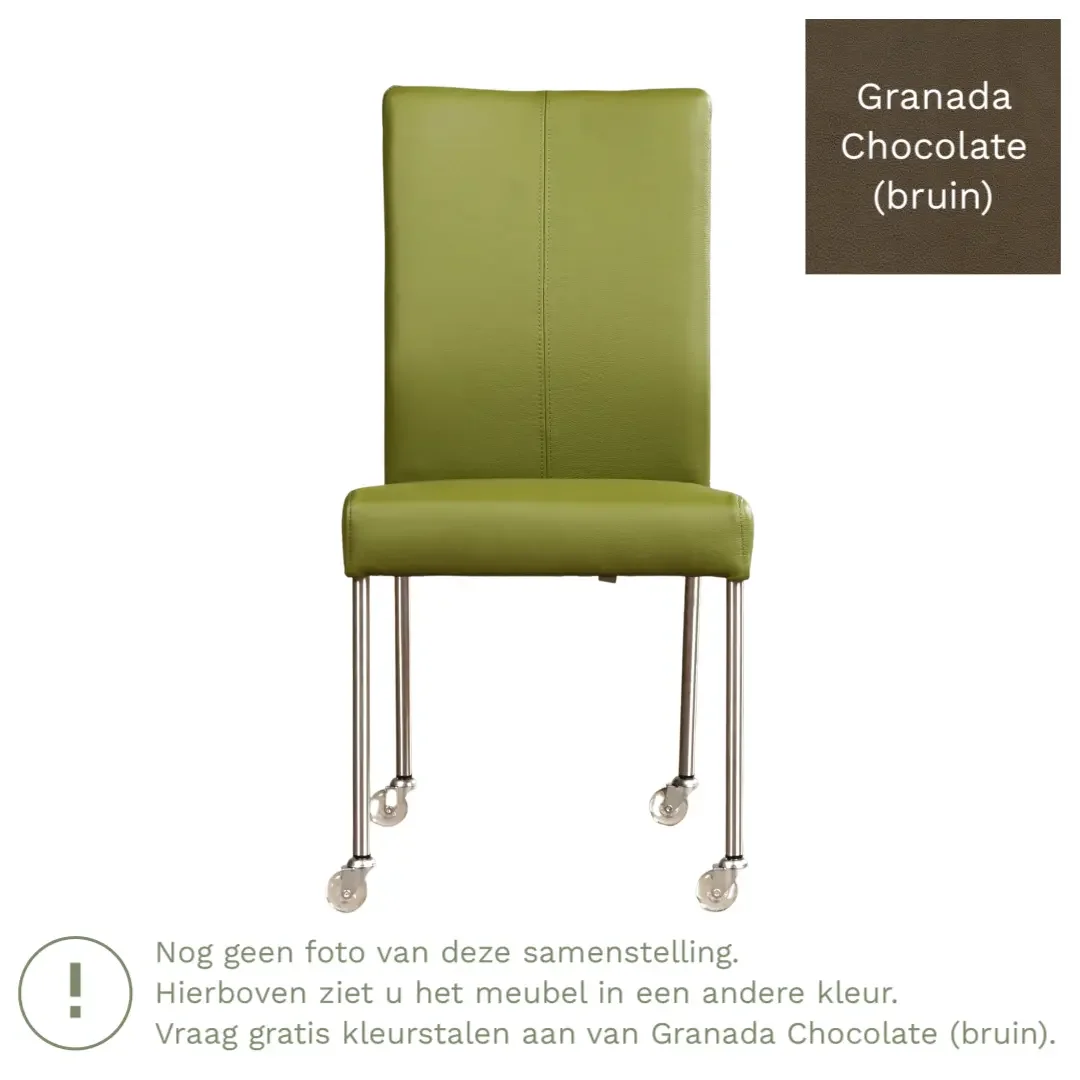 afbeelding van Leren eetkamerstoel Comfort met wieltjes - Granada Chocolate (bruin) - Poten staal vierkant zwart