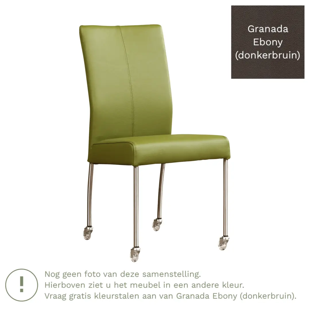 afbeelding van Leren eetkamerstoel Comfort met wieltjes - Granada Ebony (donkerbruin) - Poten staal vierkant RVS