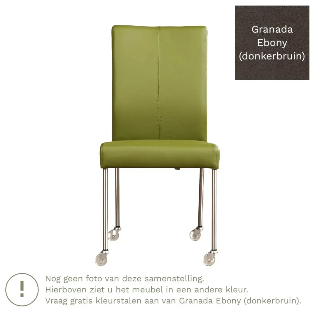 afbeelding van Leren eetkamerstoel Comfort met wieltjes - Granada Ebony (donkerbruin) - Poten staal vierkant RVS