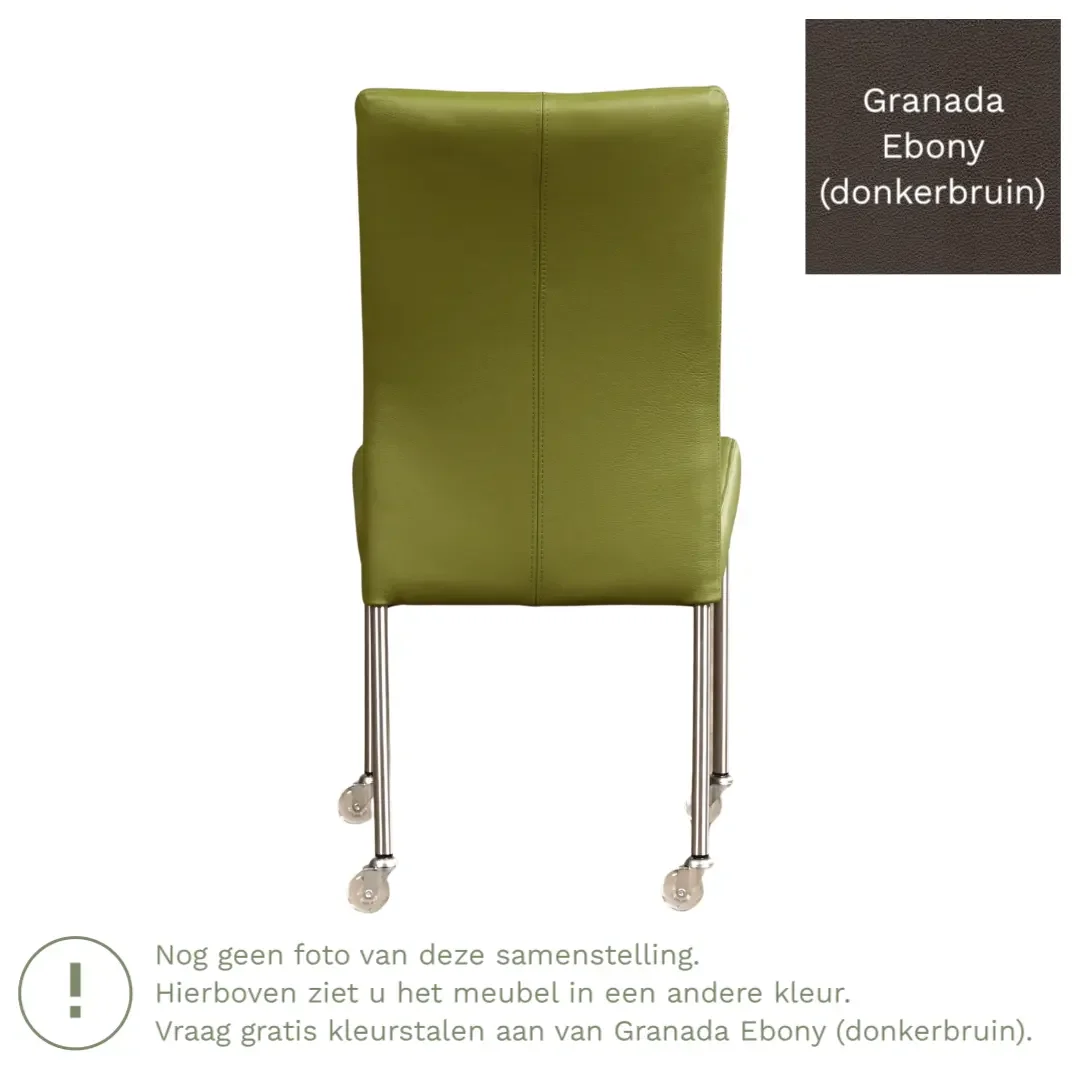 afbeelding van Leren eetkamerstoel Comfort met wieltjes - Granada Ebony (donkerbruin) - Poten staal vierkant RVS