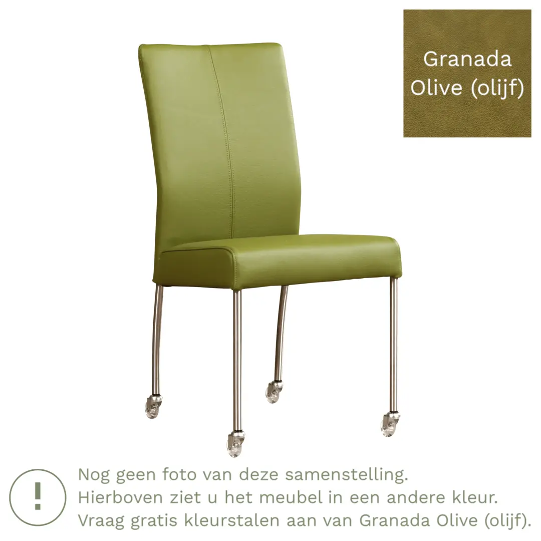 afbeelding van Leren eetkamerstoel Comfort met wieltjes - Granada Olive (olijf) - Poten staal rond RVS