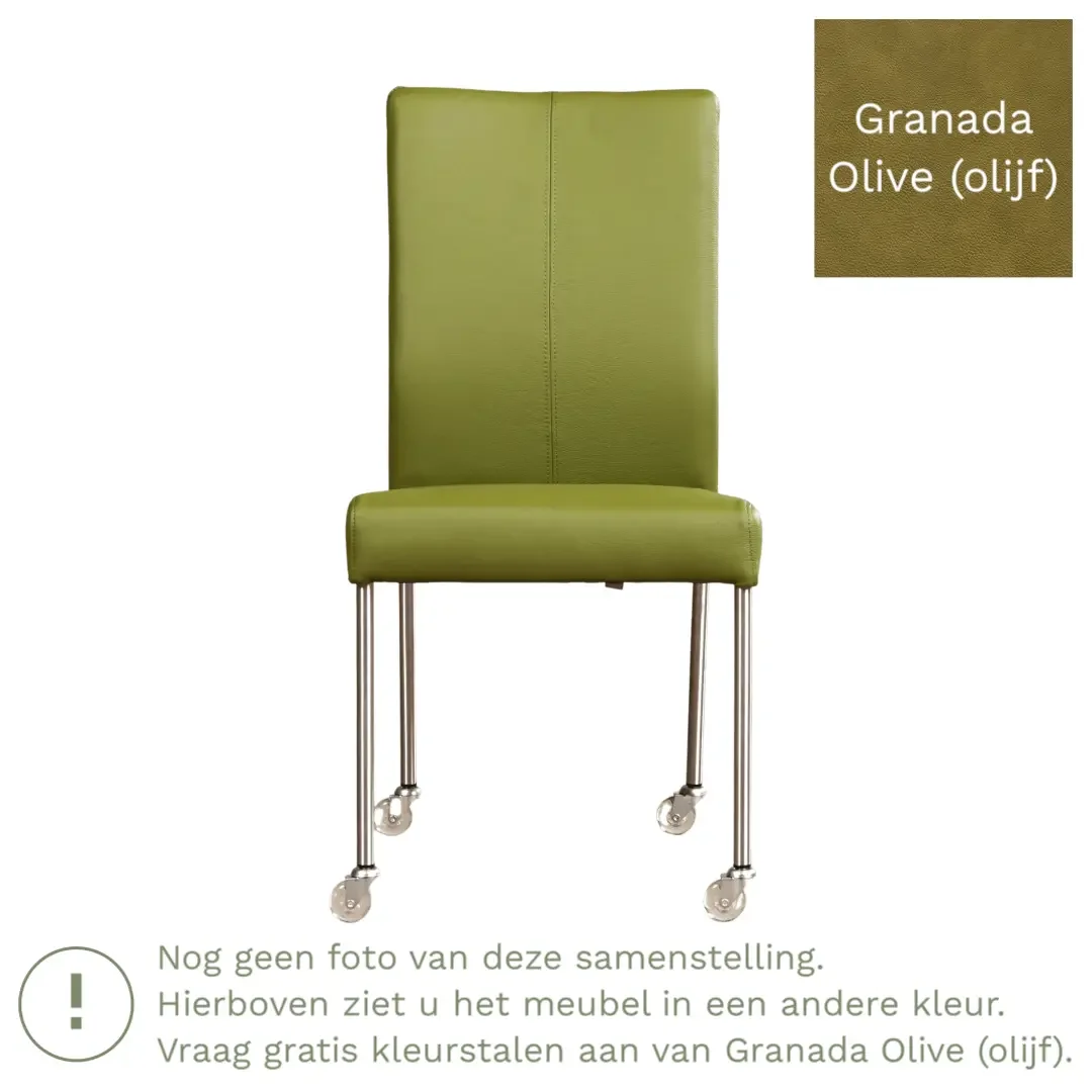 afbeelding van Leren eetkamerstoel Comfort met wieltjes - Granada Olive (olijf) - Poten staal rond zwart